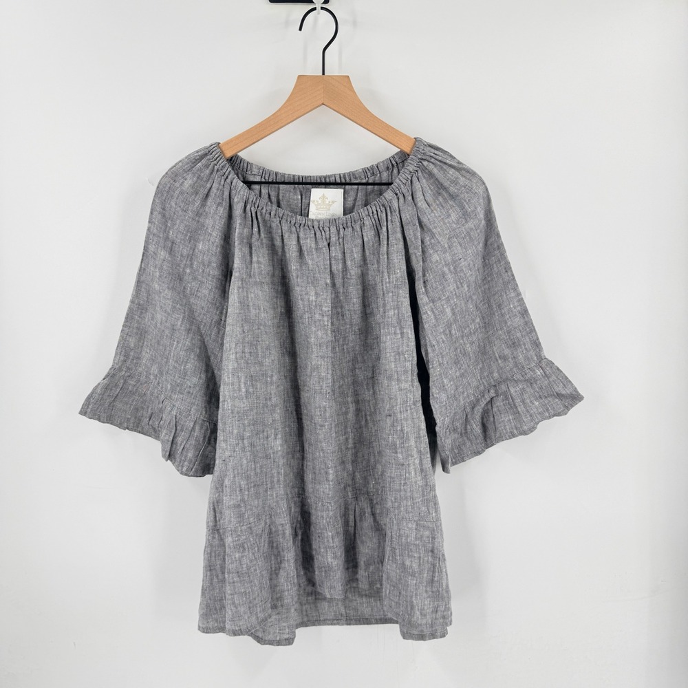 Crown Linen Designs Linen Peasant Blouse Gray‎ Bell Sleeve Pullover Size XS